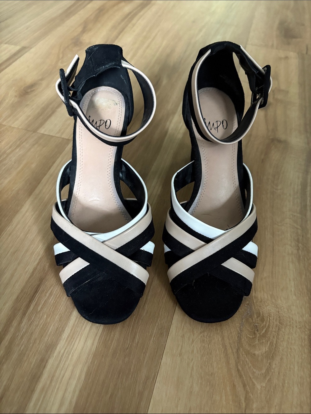 Impo Black, White & Cream Crisscross Ankle-Strap Heels